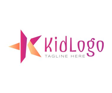 Çocuk logo tasarım şablonu elementleri. İlk harfi K olan yaratıcı logo yıldız şeklinde, moda tarzında. Markalaşma ve İş Logoları için kullanılabilir.