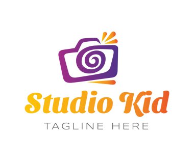 Kamera logosu tasarım şablonu elemanları. İçinde spiral kamera ikonu olan çocuk fotoğraf logosu. Markalaşma ve İş Logoları için kullanılabilir.