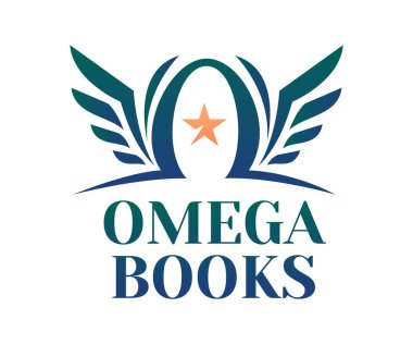 Kitap logosu tasarım şablon elementleri. Omega sembollü, kanatlı ve yıldız ikonlu yaratıcı logo. Markalaşma ve İş Logoları için kullanılabilir.
