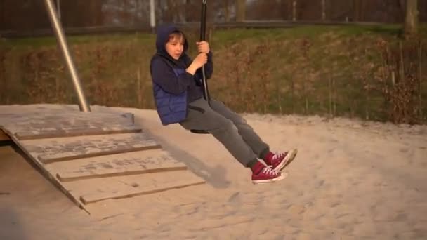 年轻人骑着蹦极 然后高兴地到处转悠 海滩上的男孩骑蹦极 活泼的孩子在爬山公园的室外公园里玩得很开心 活动休闲概念 儿童节 — 图库视频影像