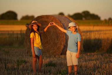 A boy and a girl folded their hands in the shape of a heart on a summer field. Peace in Ukraine. No war in Ukraine. Ukrainian children pray for peace in their country. The concept of peaceful