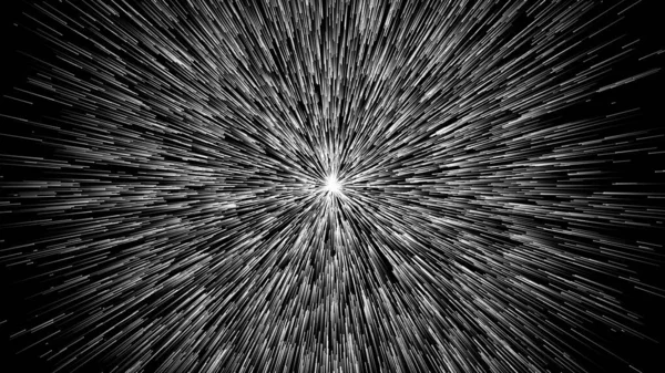 Endless road to bright future. Light at the end of tunnel. Divine essence. Flight across galaxy, space travel. Abstract fantastic background. Monochrome on black background 3D render