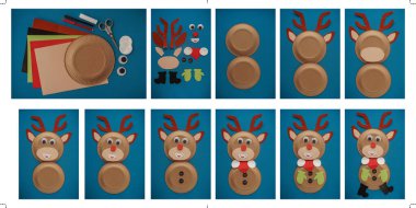 Christmas New Year card handmade. Santa's deer, step by step photo instruction. Children art project. DIY concept. Blue velvet background. Top view, flat lay. Blurred background, selective focus