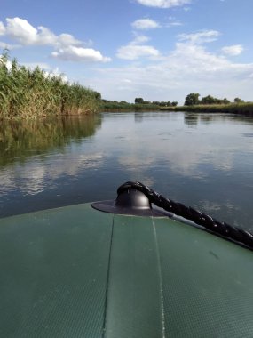 scenic views of the river and banks from a passing boat. Copy space, blurred background, vertical orientation. Selective focus.