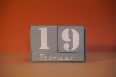 19 Februar on wooden grey cubes. Calendar cube date 19 February. Concept of date. Copy space for text or event. Educational cubes. Cube shape calendar for February 19 with empty space. Selective focus