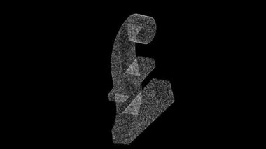 3D British Pound Sterling consisting of white particles and dots rotates 3 axes 60 FPS black backdrop. Science and business concept. Abstract bg for logo, title, concept, presentation. 3D animation