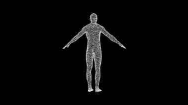 3D man body model consisting of particles and dots rotates its axis 60 FPS. Science concept, object made of molecules. Tutorial Video. Abstract bg for logo, title, concept, presentation. 3D animation