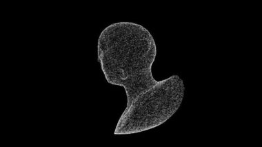 3D womans head model consisting of particles and dots rotates 3 axes 60 FPS. Science concept, object made of molecules. Tutorial Video. Abstract bg for logo, title, concept, presentation. 3D animation