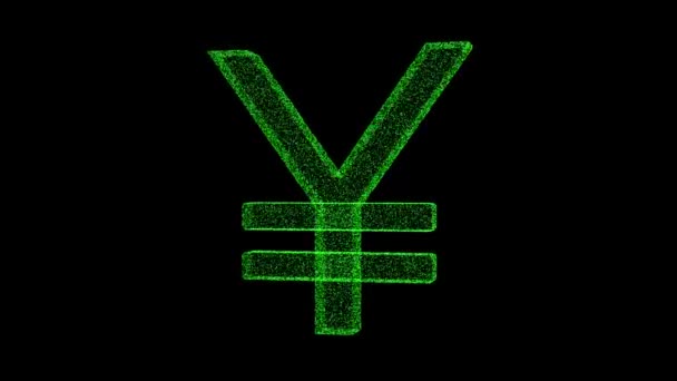 Sign Yen Consisting Green Particles Dots Rotates Its Axis Black — Αρχείο Βίντεο