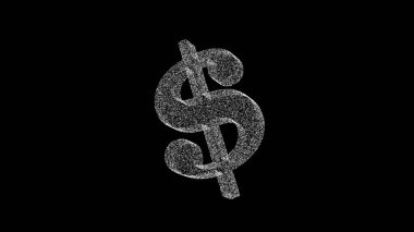 3D sign Dollar consisting of white particles and dots rotates 3 axes 60 FPS black backdrop. Science and business concept. Abstract bg for logo, title, concept, presentation. 3D animation