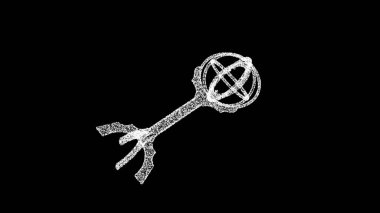 3D abstract astrolabe consisting of small particles rotates along 3 axes 60FPS. Science historic concept. Tutorial Video. Abstract backdrop for logo, title, event, concept, presentation. 3D animation