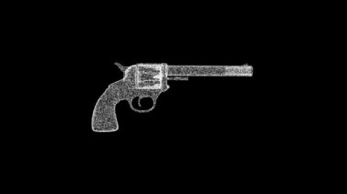 3D white weapon rotates on black background. Object consisting of flickering particles 60 FPS. Science tutorial concept. Abstract backdrop for logo, title, presentation. 3D animation.