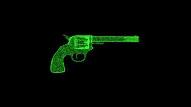 3D green weapon rotates on black background. Object consisting of flickering particles 60 FPS. Science tutorial concept. Abstract backdrop for logo, title, presentation. 3D animation.