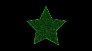 3D green star rotates on black background. Object consisting of flickering particles 60 FPS. Science tutorial concept. Abstract backdrop for logo, title, presentation. 3D animation.