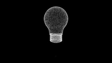 3D white light bulb rotates on black background. Object consisting of flickering particles 60 FPS. Science tutorial concept. Abstract backdrop for logo, title, presentation. 3D animation