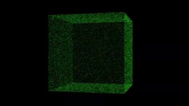 3D green cube object rotates on black background. Object consisting of flickering particles 60 FPS. Science tutorial concept. Abstract backdrop for logo, title, presentation. 3D animation.