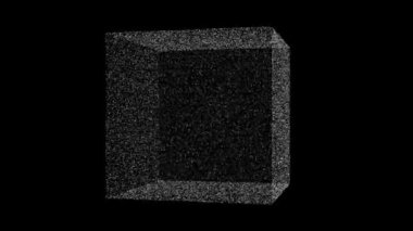 3D white cube object rotates on black backdrop. Object consisting of flickering particles 60 FPS. Science tutorial concept. Abstract backdrop for logo, title, presentation. 3D animation