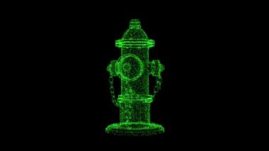 3D green hydrant object rotates on its axis on black backdrop. Object consisting of flickering particles 60 FPS. Science tutorial concept. Abstract backdrop for logo, title, presentation. 3D animation