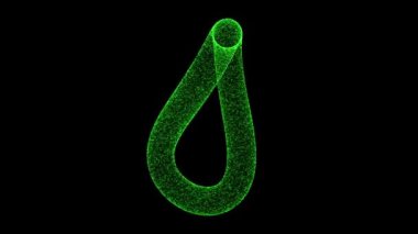 3D green infinity object rotates in 3 axes on black backdrop. Object consisting of flickering particles 60 FPS. Science tutorial concept. Abstract backdrop for logo, title, presentation. 3D animation