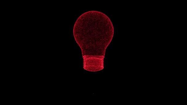 Red Light Bulb Rotates Black Background Object Consisting Flickering Particles — Stock video