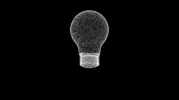 White Light Bulb Rotates Black Background Object Consisting Flickering Particles — Stockvideo