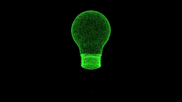3D緑の電球は黒い背景で回転します ちらつき粒子60 Fpsで構成される物体 科学のチュートリアルコンセプト タイトル プレゼンテーションの概要背景 3Dアニメーション — ストック動画