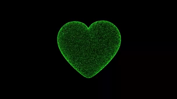 Зеленое Сердце Вращается Черном Фоне Объект Состоящий Мерцающих Частиц Fps — стоковое видео