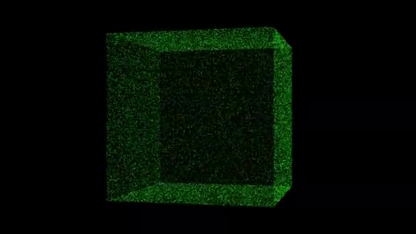Green Cube Object Rotates Black Background Object Consisting Flickering Particles — Vídeos de Stock