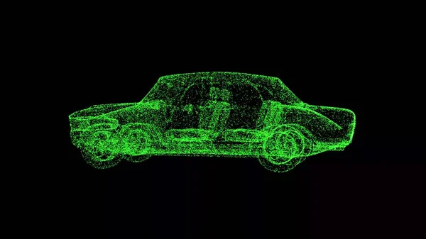 3D green car on black background. Object consisting of flickering particles. Science tutorial concept. Abstract backdrop for logo, title, presentation. 3D animation.