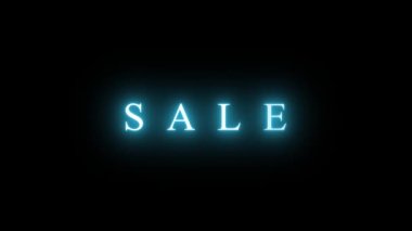 Sale text. Advertising sign, neon shimmering blue white lettering on a transparent background. 3d rendering backdrop, computer generating backdrop. Advertising signage. Animation, copy space