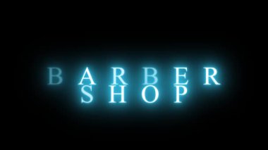 Barber shop text. Advertising sign, neon shimmering blue white lettering on a transparent background. 3d rendering backdrop, computer generating backdrop. Advertising signage. Animation, copyspace