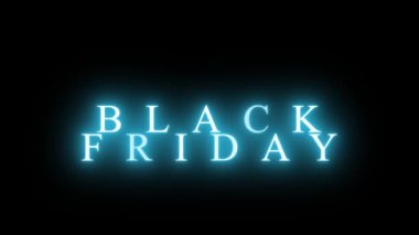 Black friday text. Advertising sign, neon shimmering blue white lettering on a transparent background. 3d rendering backdrop, computer generating backdrop. Advertising signage. Animation, copyspace.