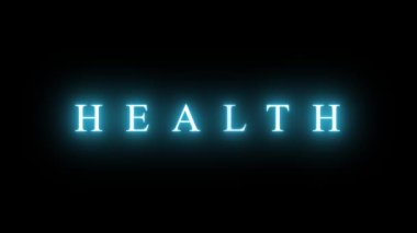 Health text animation. Neon shimmering blue lettering on transparent background. A call for a healthy lifestyle, bright iridescent inscription. Advertising of hospitals, insurance companies, fitness.