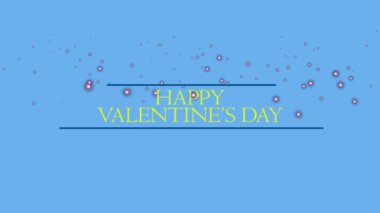 HAPPY VALENTINES DAY yellow sign on blue background falling pink lights. Valentine love concept. Footage for party and festive. Festive slogan. Holiday wishes. 3d animation