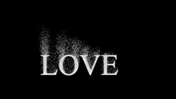 Срібний Напис Love Розчиняється Брисках Летять Вгору Прозорим Тлом Напис — стокове відео