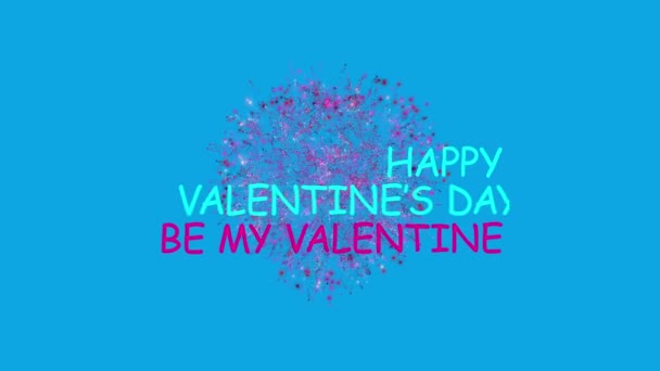 幸せなバレンタイン紫色の輝く心と青の背景に1日カラフルな看板 バレンタインの愛の概念 パーティーやお祝いのための映像 お祝いのスローガン 休日の願い 3Dアニメーション — ストック動画