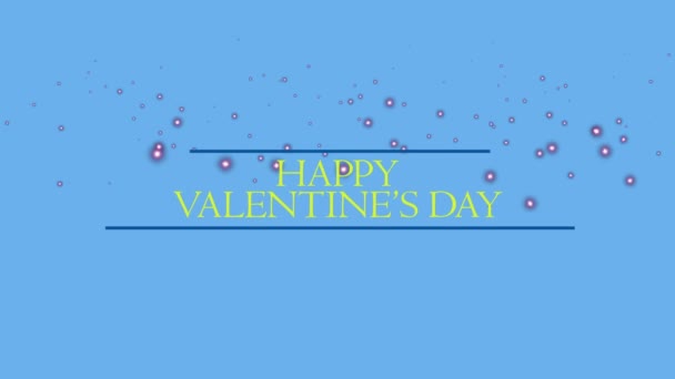 Happy Valentines Day Yellow Sign Blue Background Falling Pink Lights — 图库视频影像