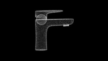 3D washbasin faucet rotates on black background. Object consisting of white flickering particles 60 FPS. Science tutorial concept. Abstract bg for logo, title, presentation. 3D animation