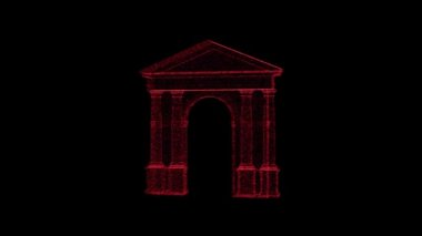 3D ancient antique arch rotates on black background. Object consisting of red flickering particles 60 FPS. Science historic tutorial concept. Abstract bg for logo, title, presentation. 3D animation