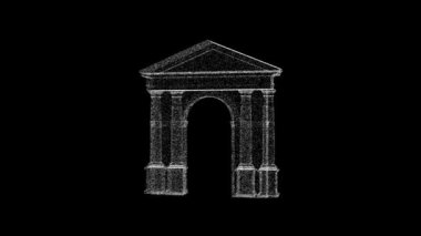 3D white ancient antique arch rotates on black background. Object consisting of flickering particles 60 FPS. Science historic concept. Abstract backdrop for logo, title, presentation. 3D animation
