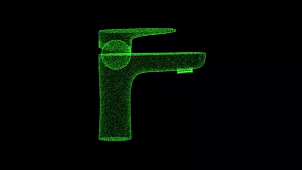 3D洗面器蛇口は黒い背景で回転します 緑のちらつき粒子で構成される物体60 Fps 科学のチュートリアルコンセプト タイトル プレゼンテーション用のアブストラクトBg 3Dアニメーション — ストック動画