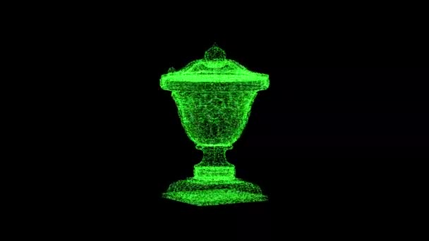 Green Ancient Bowl Rotates Black Background Object Consisting Flickering Particles — 图库视频影像