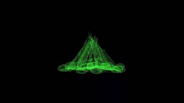 3D camping fire rotates on black background. Object consisting of green flickering particles 60 FPS. Science tutorial concept. Abstract bg for logo, title, presentation. 3D animation