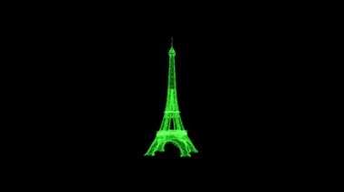 3D Eiffel Tower rotates on black background. Object consisting of green flickering particles 60 FPS. Science concept. Abstract bg for title, presentation. Screensaver. 3D animation