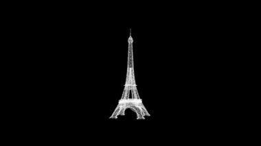 3D Eiffel Tower rotates on black background. Object consisting of white flickering particles 60 FPS. Science concept. Abstract bg for title, presentation. Screensaver. 3D animation