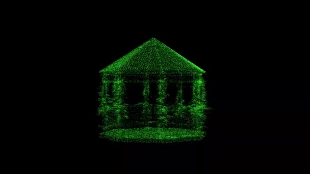 Garden Gazebo Rotates Black Background Object Consisting Green Flickering Particles — Video Stock