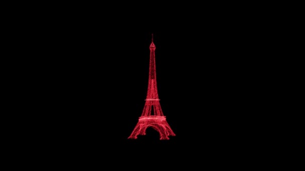 Eiffel Tower Rotates Black Background Object Consisting Red Flickering Particles — Vídeo de Stock