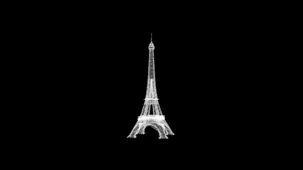 Eiffel Tower Rotates Black Background Object Consisting White Flickering Particles — Stockvideo