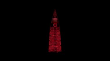 3D Al Faisaliyah Kulesi siyah arka planda döner. Kırmızı titreşen parçacıklardan oluşan nesne 60 FPS. Bilim konsepti. Başlık ve sunum için soyut bg. Ekran koruyucu. 3 Boyutlu Canlandırma.