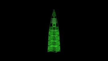 3D Al Faisaliyah Kulesi siyah arka planda döner. Yeşil titreşen parçacıklardan oluşan nesne 60 FPS. Bilim konsepti. Başlık ve sunum için soyut bg. Ekran koruyucu. 3 Boyutlu Canlandırma.